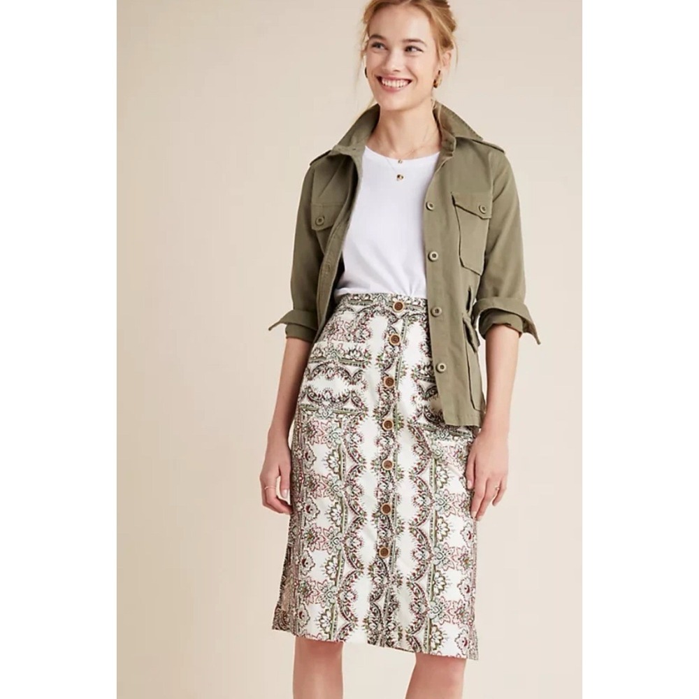 Maeve Anthropologie Kaleidoscope Button-Front Pencil Skirt Size 12 Ivory Paisley